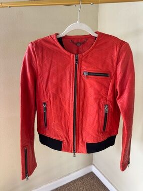 Marc Cain Red Lamb Nappa Leather Quilted Jacket Small Cropped Moto